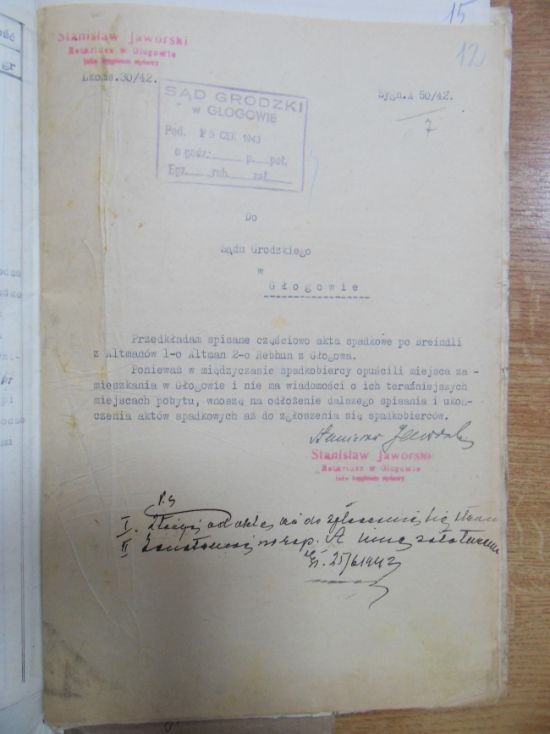 Pismo notariusza Stanisława Jaworskiego w sprawie spadku po Breindli Rebhun